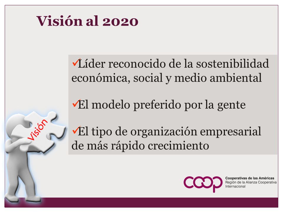 Visión al 2020 Líder reconocido de la sostenibilidad económica, social y medio ambiental. El modelo preferido por la gente.