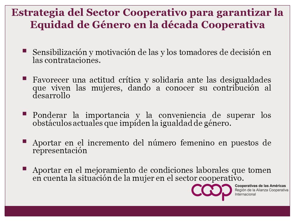 Estrategia del Sector Cooperativo para garantizar la Equidad de Género en la década Cooperativa