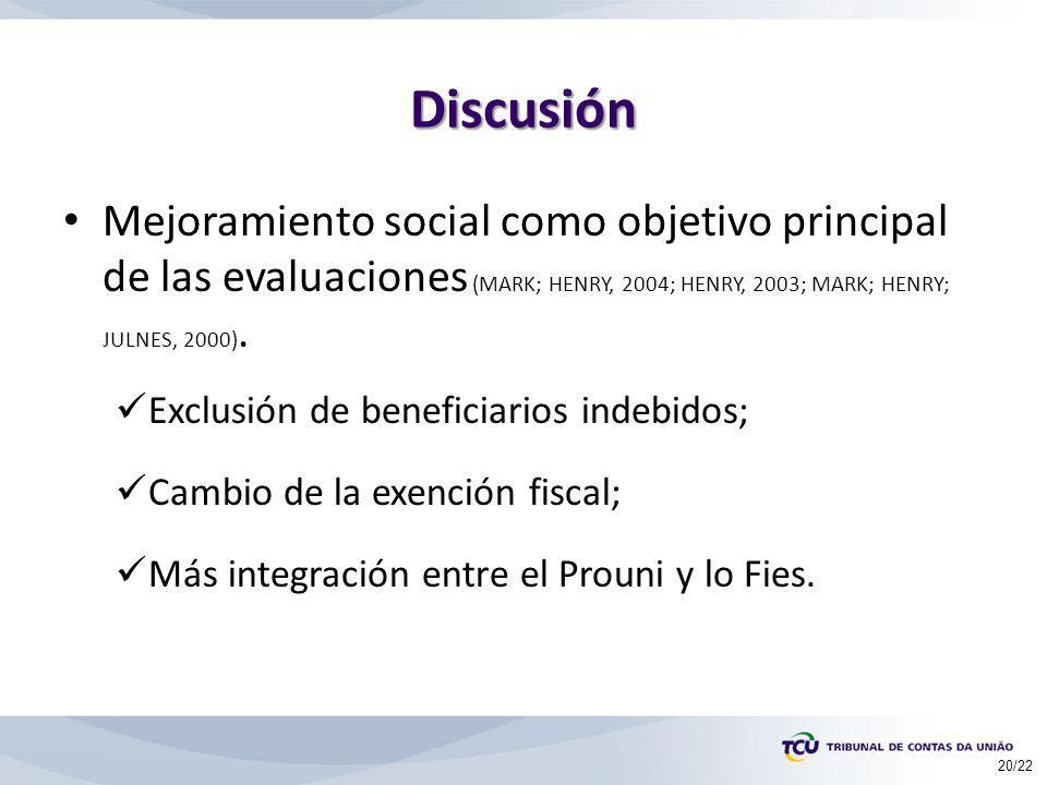 Discusión Mejoramiento social como objetivo principal de las evaluaciones (MARK; HENRY, 2004; HENRY, 2003; MARK; HENRY; JULNES, 2000).