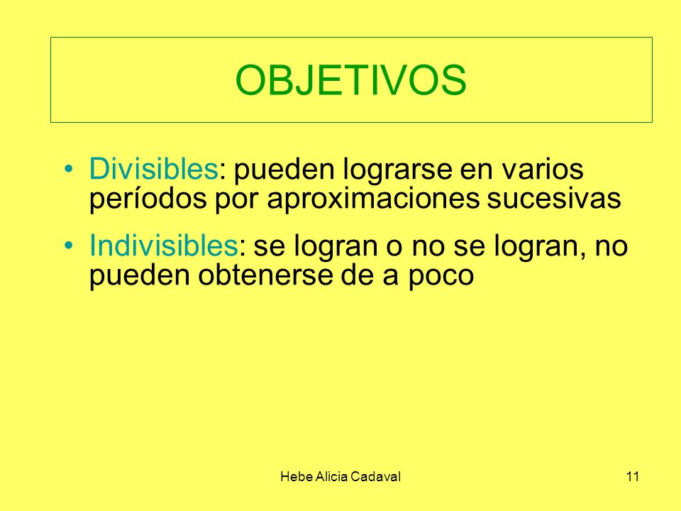 OBJETIVOS Divisibles: pueden lograrse en varios períodos por aproximaciones sucesivas.
