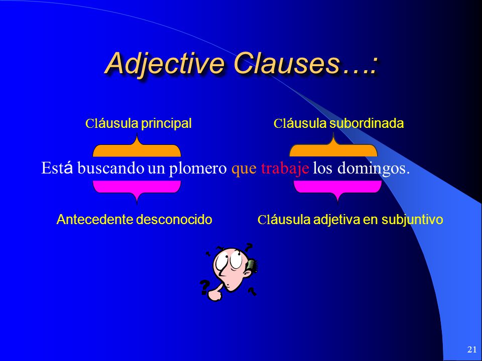 Adjective Clauses…: Está buscando un plomero que trabaje los domingos.