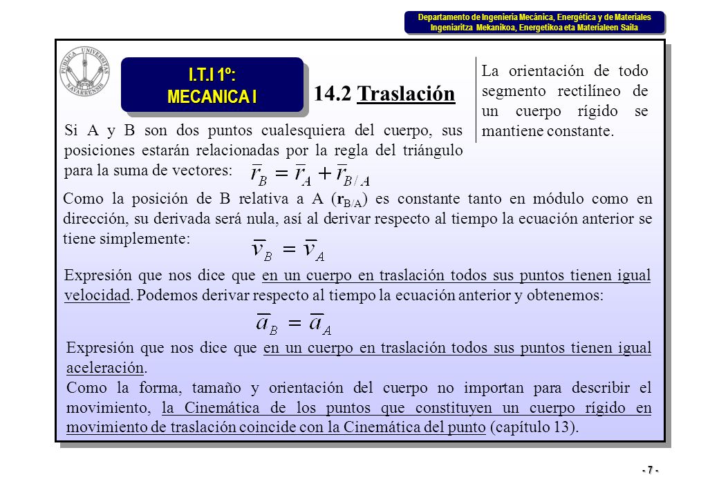 La orientación de todo segmento rectilíneo de un cuerpo rígido se mantiene constante.