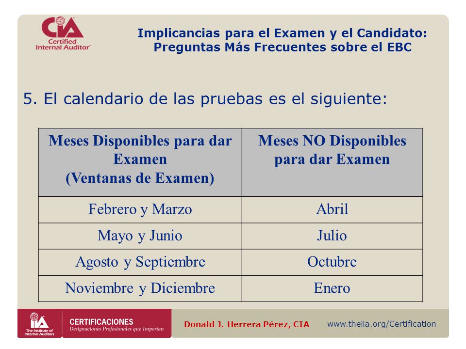 Meses NO Disponibles para dar Examen Donald J. Herrera Pérez, CIA