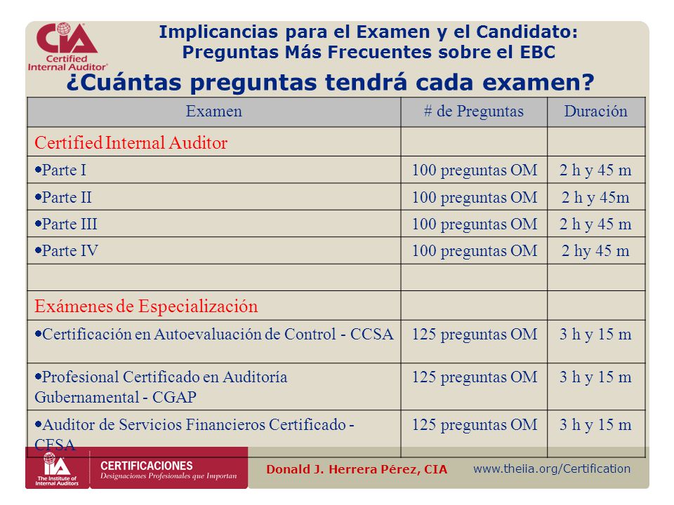 ¿Cuántas preguntas tendrá cada examen Donald J. Herrera Pérez, CIA
