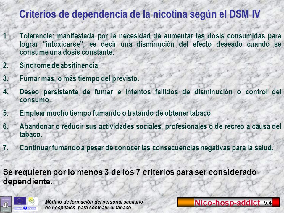 Criterios de dependencia de la nicotina según el DSM IV