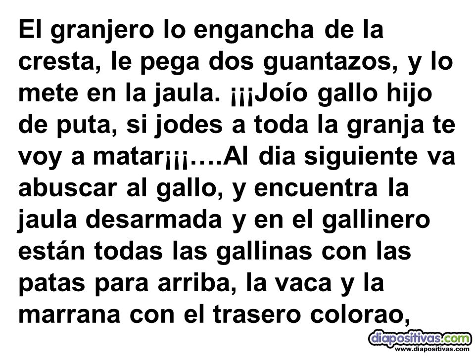 El granjero lo engancha de la cresta, le pega dos guantazos, y lo mete en la jaula.