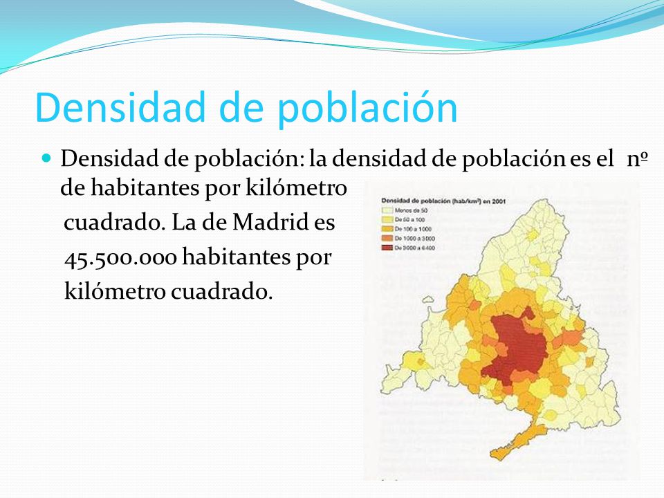 Densidad de población Densidad de población: la densidad de población es el nº de habitantes por kilómetro.