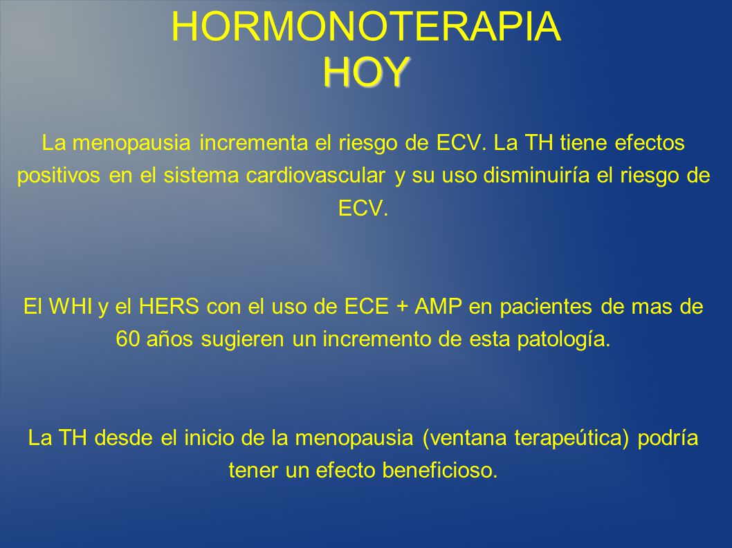 HORMONOTERAPIA HOY La menopausia incrementa el riesgo de ECV. La TH tiene efectos.