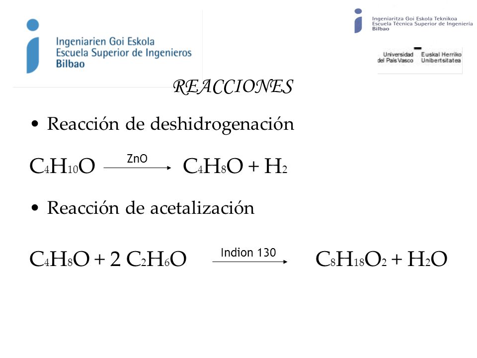 REACCIONES C4H10O C4H8O + H2 C4H8O + 2 C2H6O C8H18O2 + H2O