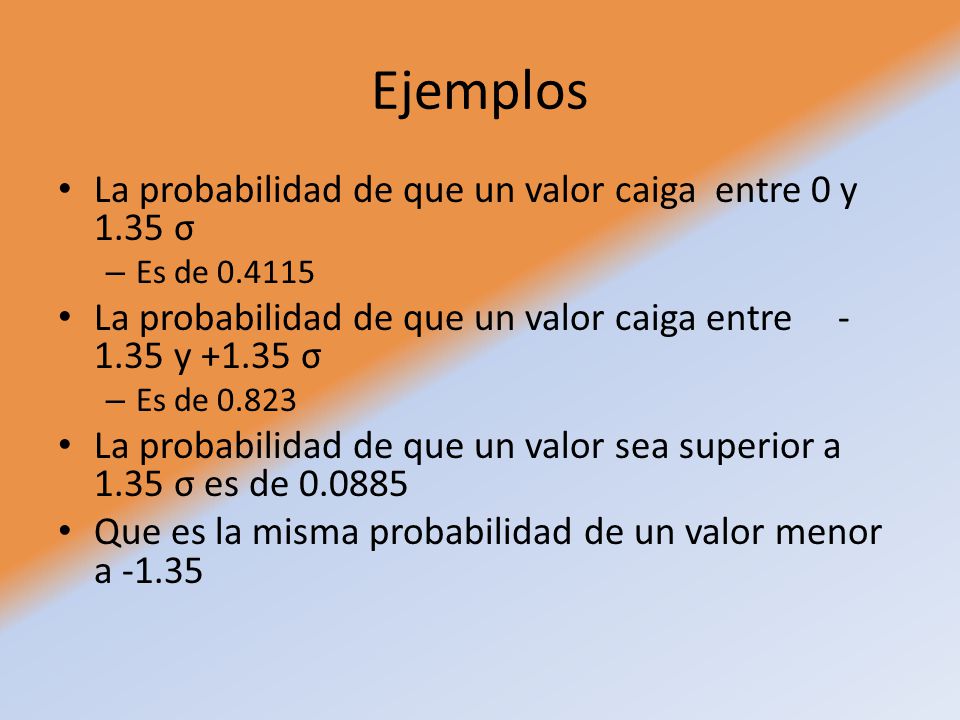 Ejemplos La probabilidad de que un valor caiga entre 0 y 1.35 σ