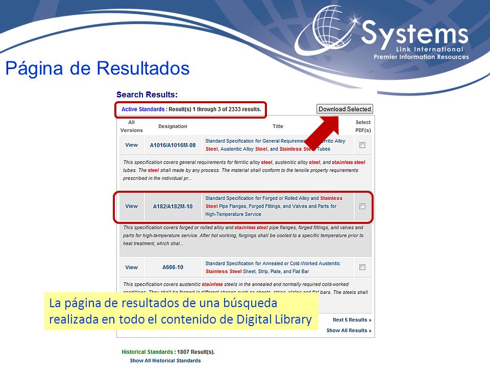 Página de Resultados La página de resultados de una búsqueda realizada en todo el contenido de Digital Library.