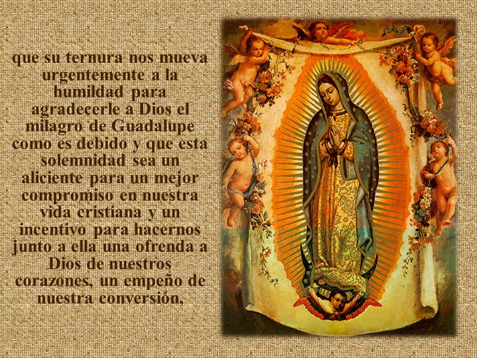 que su ternura nos mueva urgentemente a la humildad para agradecerle a Dios el milagro de Guadalupe como es debido y que esta solemnidad sea un aliciente para un mejor compromiso en nuestra vida cristiana y un incentivo para hacernos junto a ella una ofrenda a Dios de nuestros corazones, un empeño de nuestra conversión,