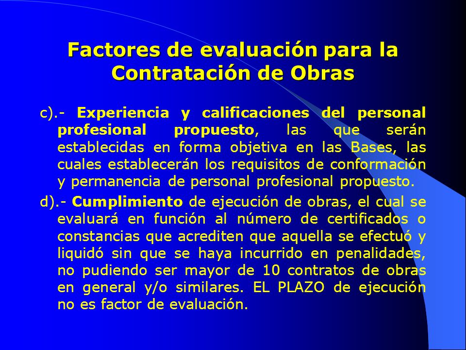 Factores de evaluación para la Contratación de Obras