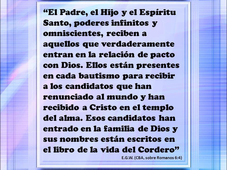 El Padre, el Hijo y el Espíritu Santo, poderes infinitos y omniscientes, reciben a aquellos que verdaderamente entran en la relación de pacto con Dios. Ellos están presentes en cada bautismo para recibir a los candidatos que han renunciado al mundo y han recibido a Cristo en el templo del alma. Esos candidatos han entrado en la familia de Dios y sus nombres están escritos en el libro de la vida del Cordero