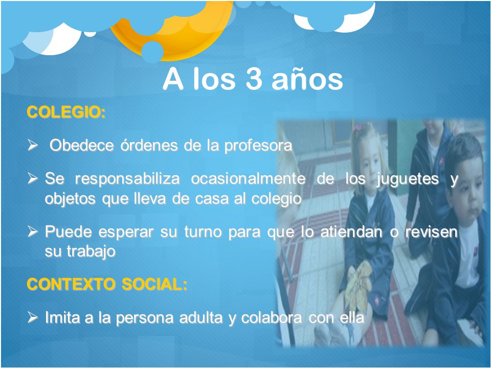 A los 3 años COLEGIO: Obedece órdenes de la profesora