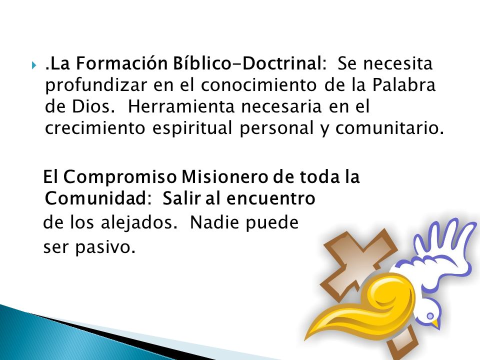 .La Formación Bíblico-Doctrinal: Se necesita profundizar en el conocimiento de la Palabra de Dios. Herramienta necesaria en el crecimiento espiritual personal y comunitario.