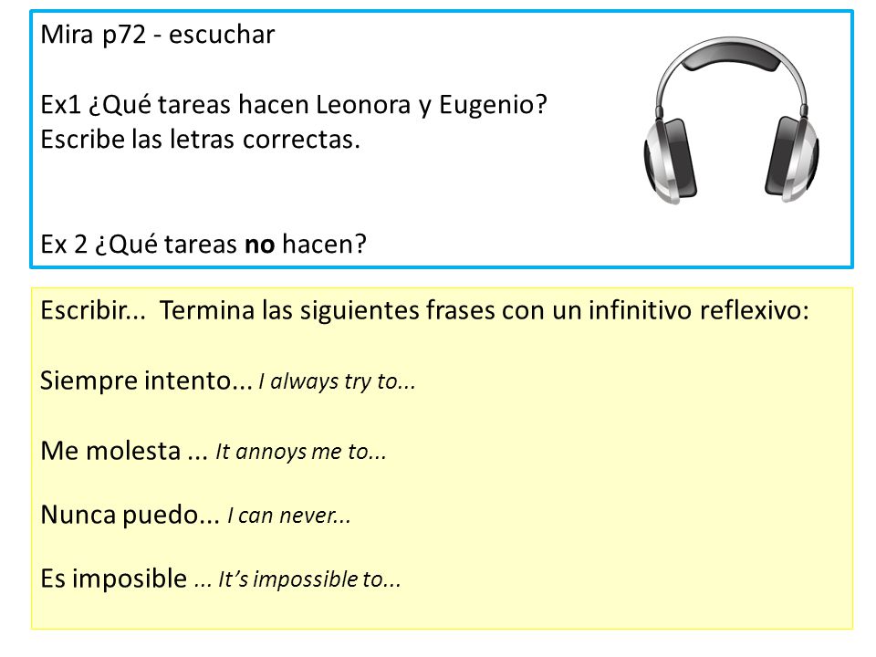Ex1 ¿Qué tareas hacen Leonora y Eugenio Escribe las letras correctas.