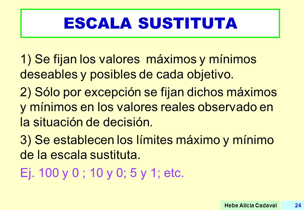 ESCALA SUSTITUTA 1) Se fijan los valores máximos y mínimos deseables y posibles de cada objetivo.
