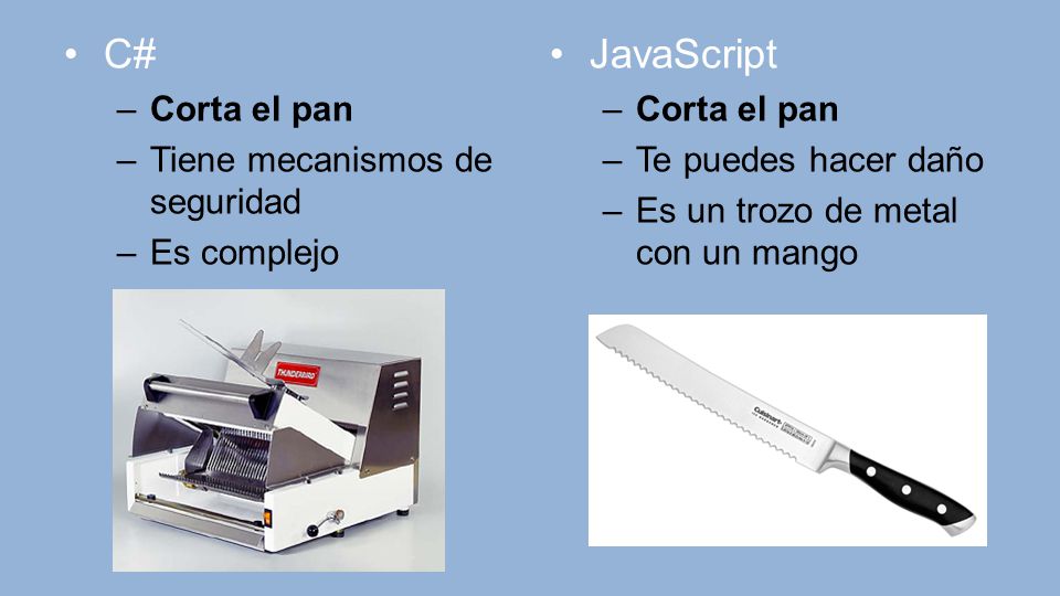 C# JavaScript Corta el pan Tiene mecanismos de seguridad Es complejo