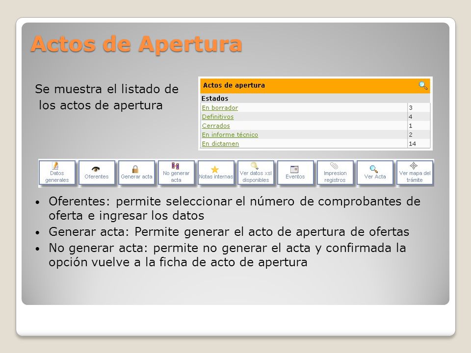 Actos de Apertura Se muestra el listado de los actos de apertura