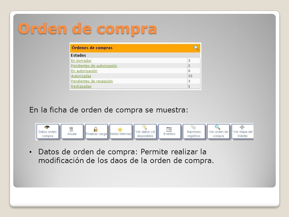 Orden de compra En la ficha de orden de compra se muestra:
