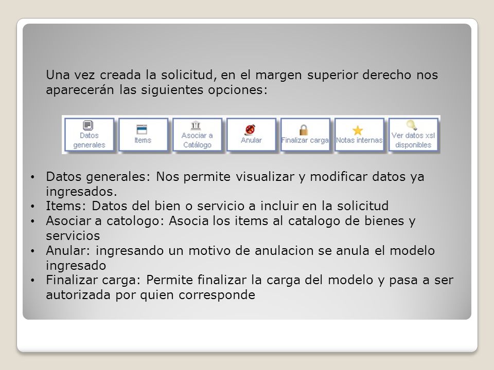 Una vez creada la solicitud, en el margen superior derecho nos aparecerán las siguientes opciones: