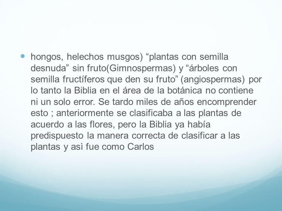 hongos, helechos musgos) plantas con semilla desnuda sin fruto(Gimnospermas) y árboles con semilla fructíferos que den su fruto (angiospermas) por lo tanto la Biblia en el área de la botánica no contiene ni un solo error.