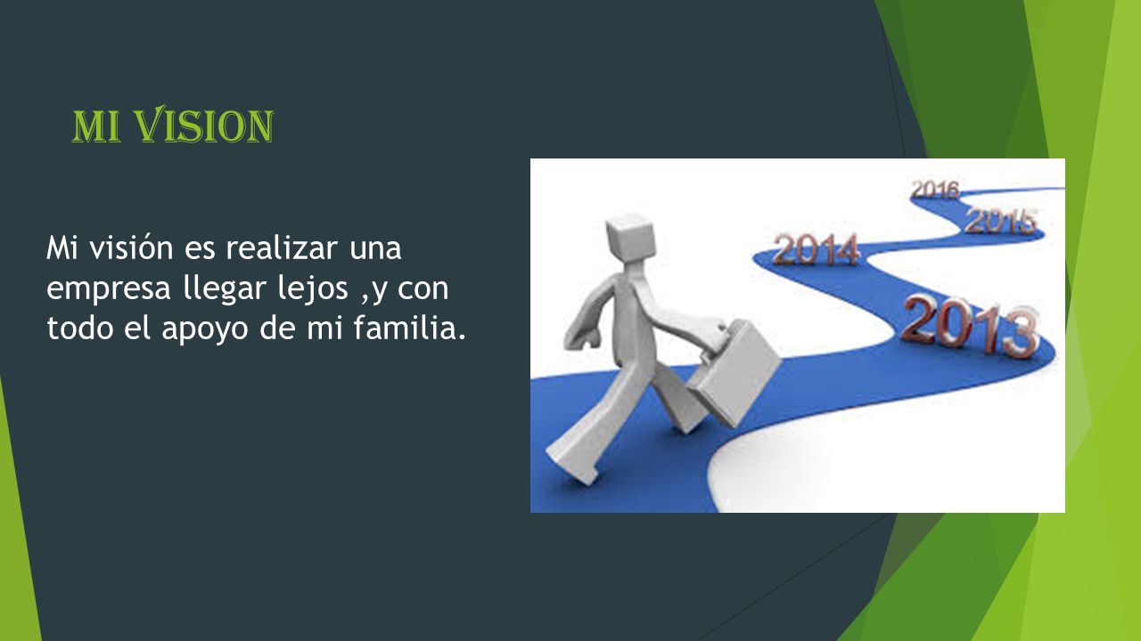 MI VISION Mi visión es realizar una empresa llegar lejos ,y con todo el apoyo de mi familia.