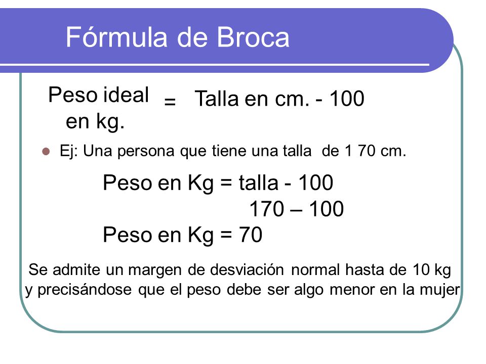 Fórmula de Broca Peso ideal Talla en cm = en kg.