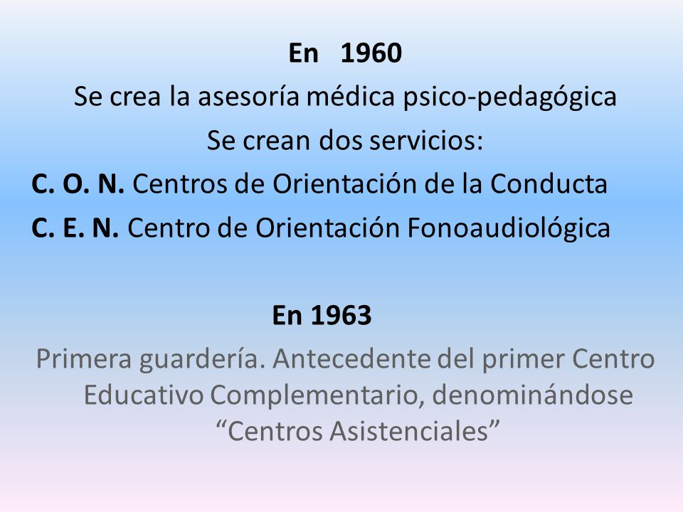 Se crea la asesoría médica psico-pedagógica Se crean dos servicios: