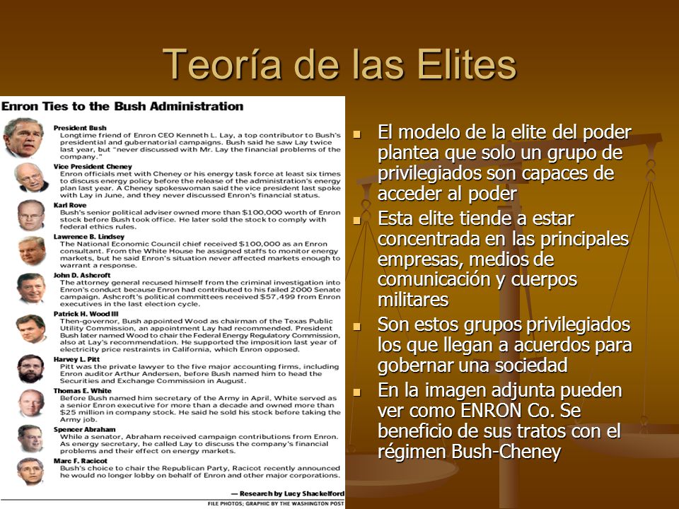 Teoría de las Elites El modelo de la elite del poder plantea que solo un grupo de privilegiados son capaces de acceder al poder.
