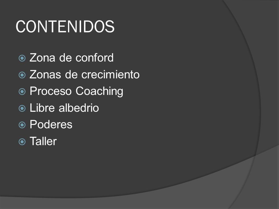 CONTENIDOS Zona de conford Zonas de crecimiento Proceso Coaching