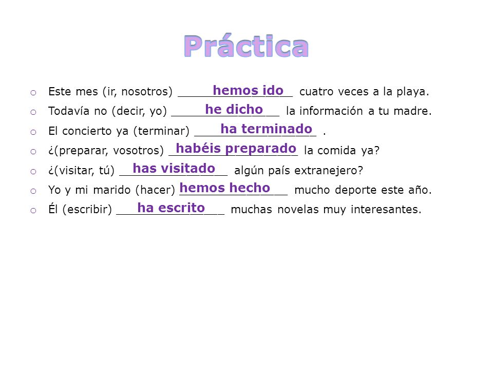Práctica hemos ido he dicho ha terminado habéis preparado has visitado