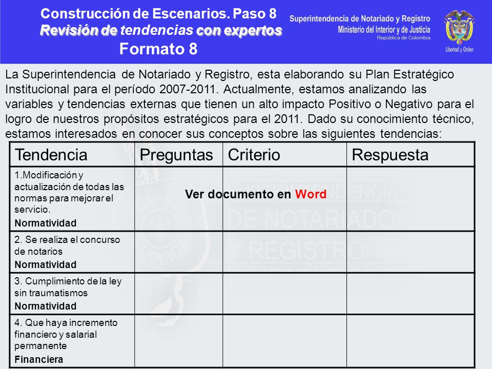 Construcción de Escenarios. Paso 8 Revisión de tendencias con expertos