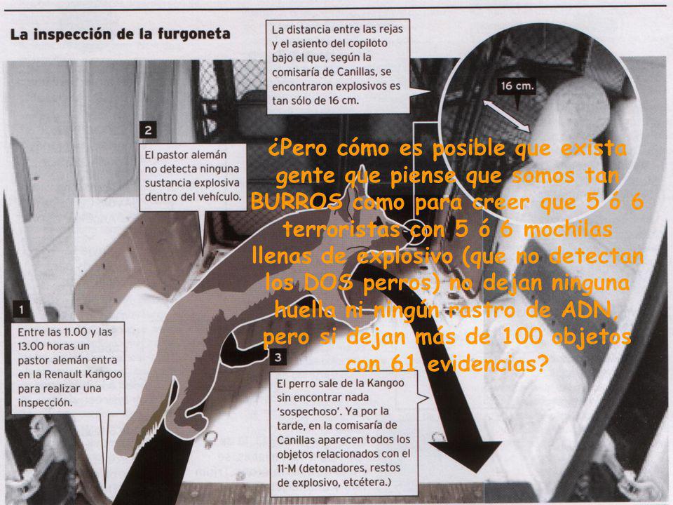 ¿Pero cómo es posible que exista gente que piense que somos tan BURROS como para creer que 5 ó 6 terroristas con 5 ó 6 mochilas llenas de explosivo (que no detectan los DOS perros) no dejan ninguna huella ni ningún rastro de ADN, pero si dejan más de 100 objetos con 61 evidencias