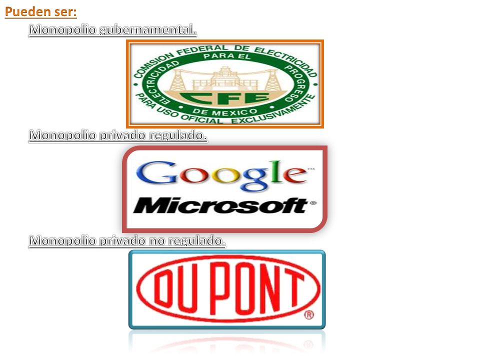 Pueden ser: Monopolio gubernamental. Monopolio privado regulado. Monopolio privado no regulado.