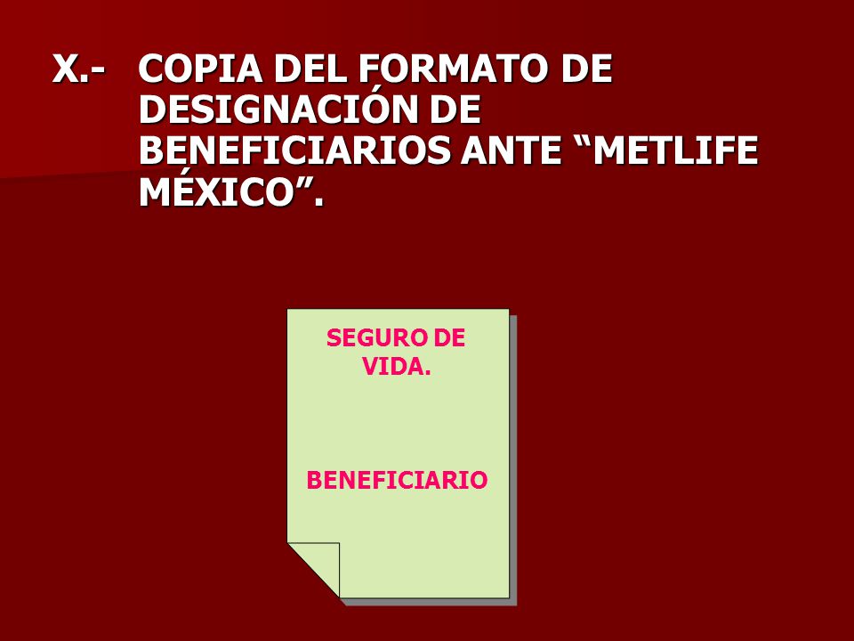 X.- COPIA DEL FORMATO DE DESIGNACIÓN DE BENEFICIARIOS ANTE METLIFE MÉXICO .