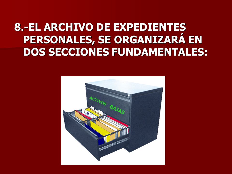 8.-EL ARCHIVO DE EXPEDIENTES PERSONALES, SE ORGANIZARÁ EN DOS SECCIONES FUNDAMENTALES: