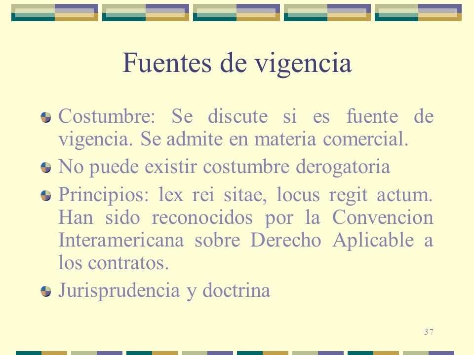 Fuentes de vigencia Costumbre: Se discute si es fuente de vigencia. Se admite en materia comercial.