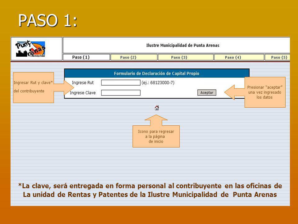 PASO 1: Ingresar Rut y clave* del contribuyente. Presionar aceptar una vez ingresado. los datos.