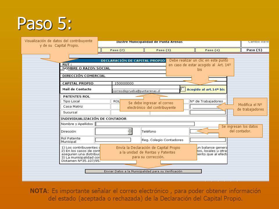 Paso 5: Visualización de datos del contribuyente. y de su Capital Propio. Debe realizar un clic en este punto.