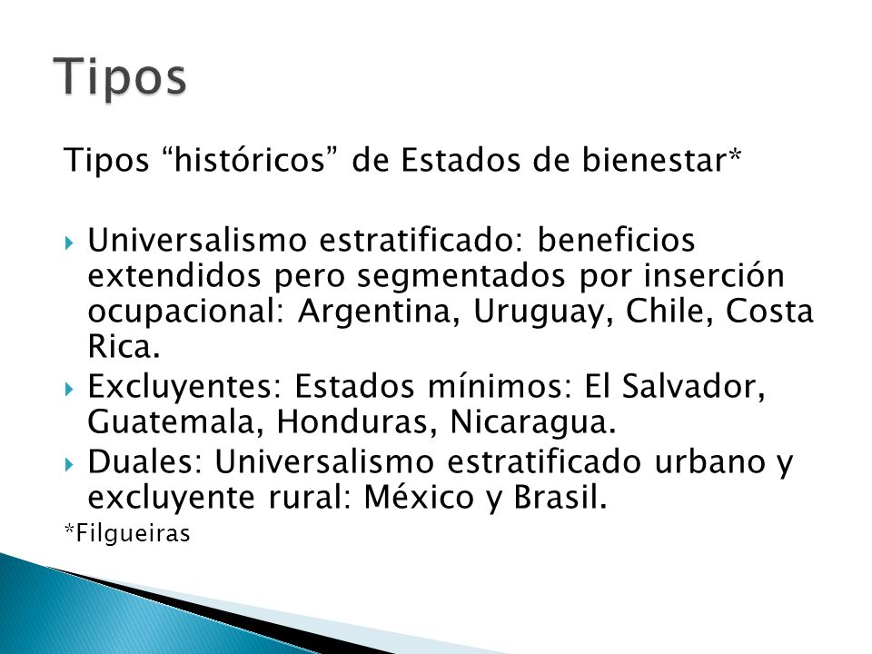 Tipos Tipos históricos de Estados de bienestar*