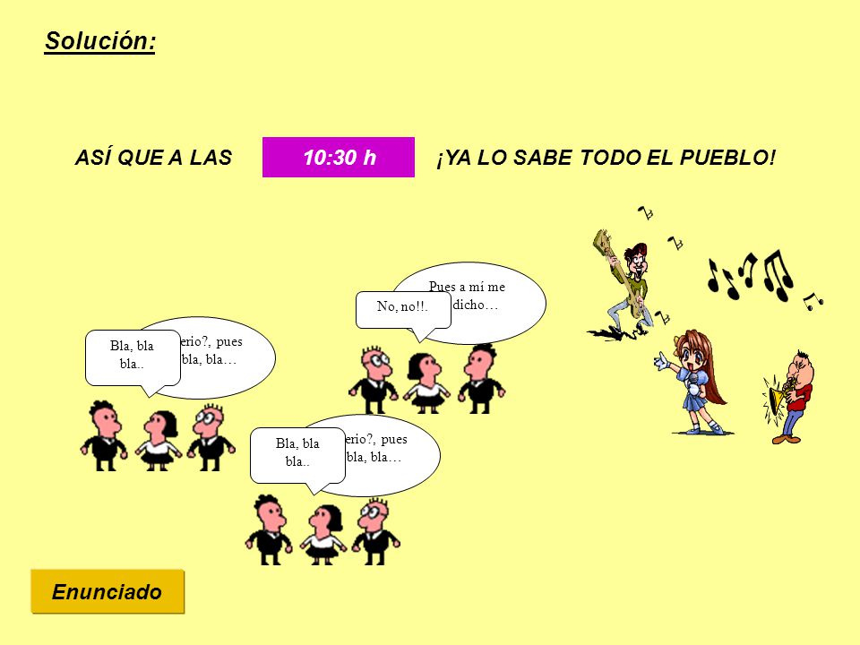 Solución: ASÍ QUE A LAS 10:30 h ¡YA LO SABE TODO EL PUEBLO! Enunciado