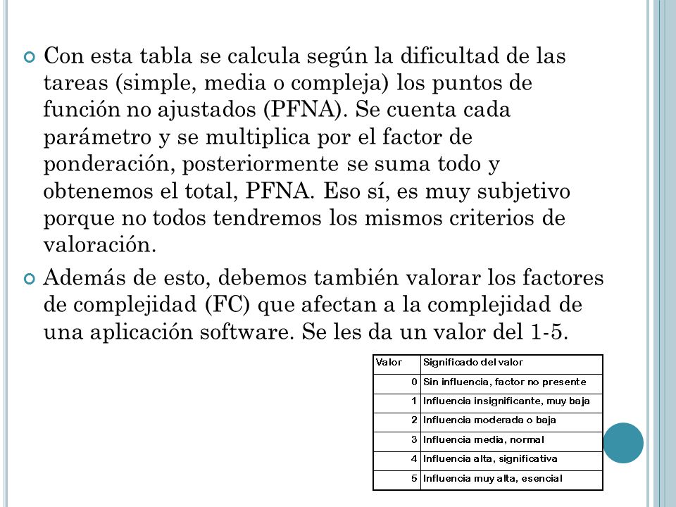 Con esta tabla se calcula según la dificultad de las tareas (simple, media o compleja) los puntos de función no ajustados (PFNA). Se cuenta cada parámetro y se multiplica por el factor de ponderación, posteriormente se suma todo y obtenemos el total, PFNA. Eso sí, es muy subjetivo porque no todos tendremos los mismos criterios de valoración.
