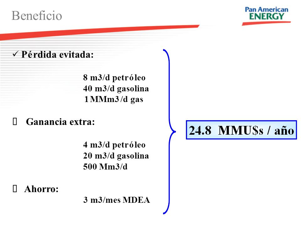 Beneficio P é rdida evitada: Ganancia extra: Ahorro: ü 8 m3/d petr ó