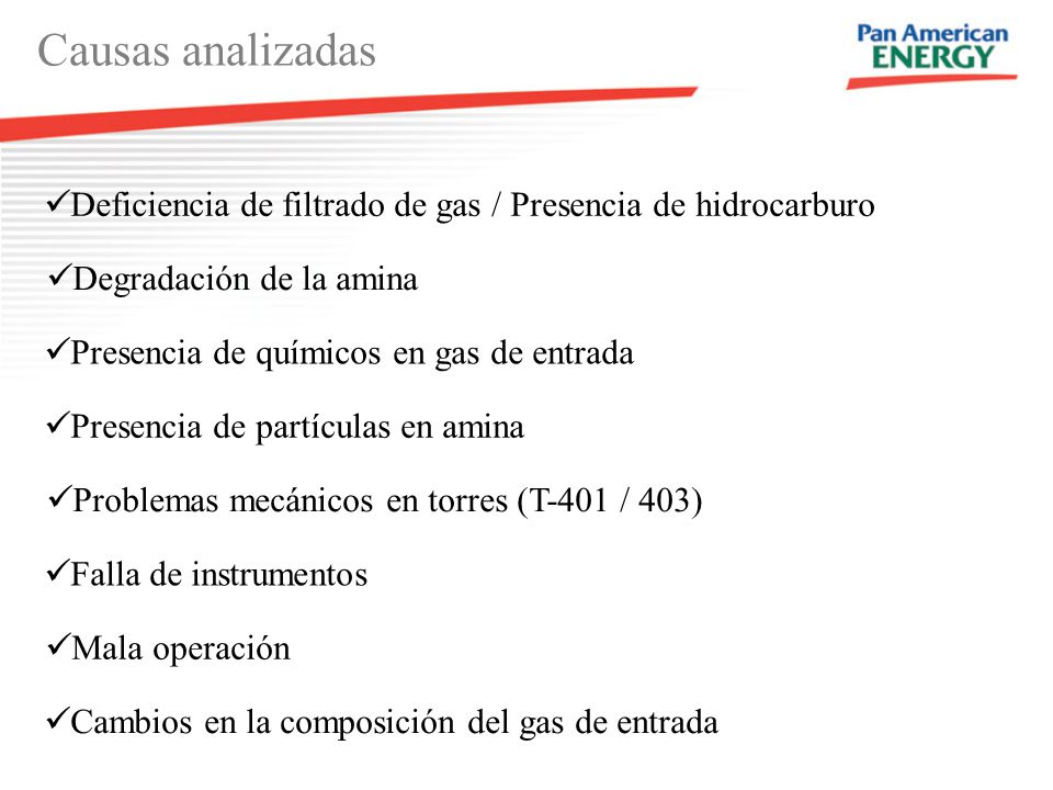 Causas analizadas Deficiencia de filtrado de gas / Presencia de hidrocarburo. Degradación de la amina.