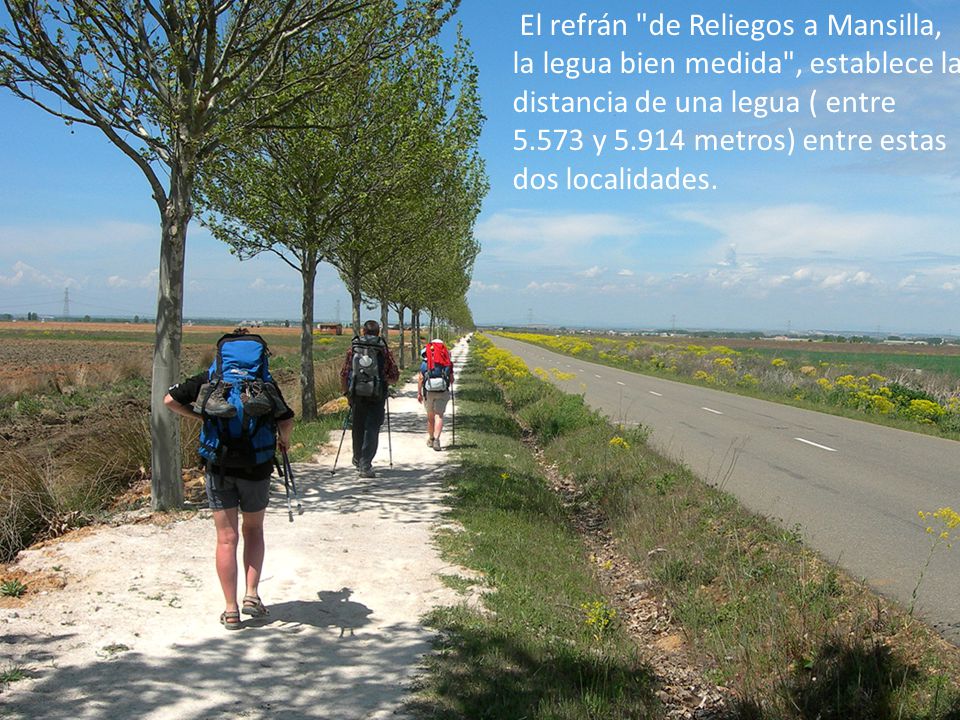 El refrán de Reliegos a Mansilla, la legua bien medida , establece la distancia de una legua ( entre y metros) entre estas dos localidades.