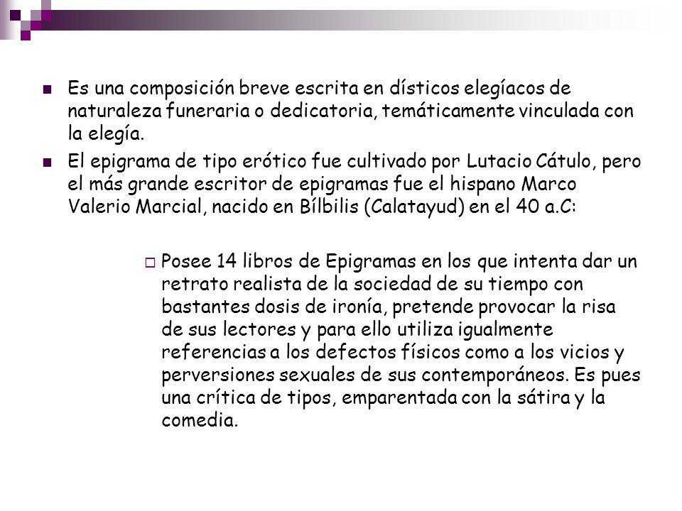 Es una composición breve escrita en dísticos elegíacos de naturaleza funeraria o dedicatoria, temáticamente vinculada con la elegía.