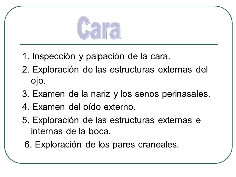 Cara 1. Inspección y palpación de la cara. 2. Exploración de las estructuras externas del ojo. 3. Examen de la nariz y los senos perinasales.