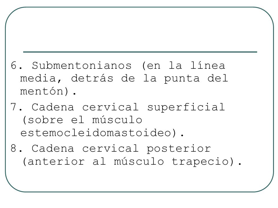 6. Submentonianos (en la línea media, detrás de la punta del mentón).